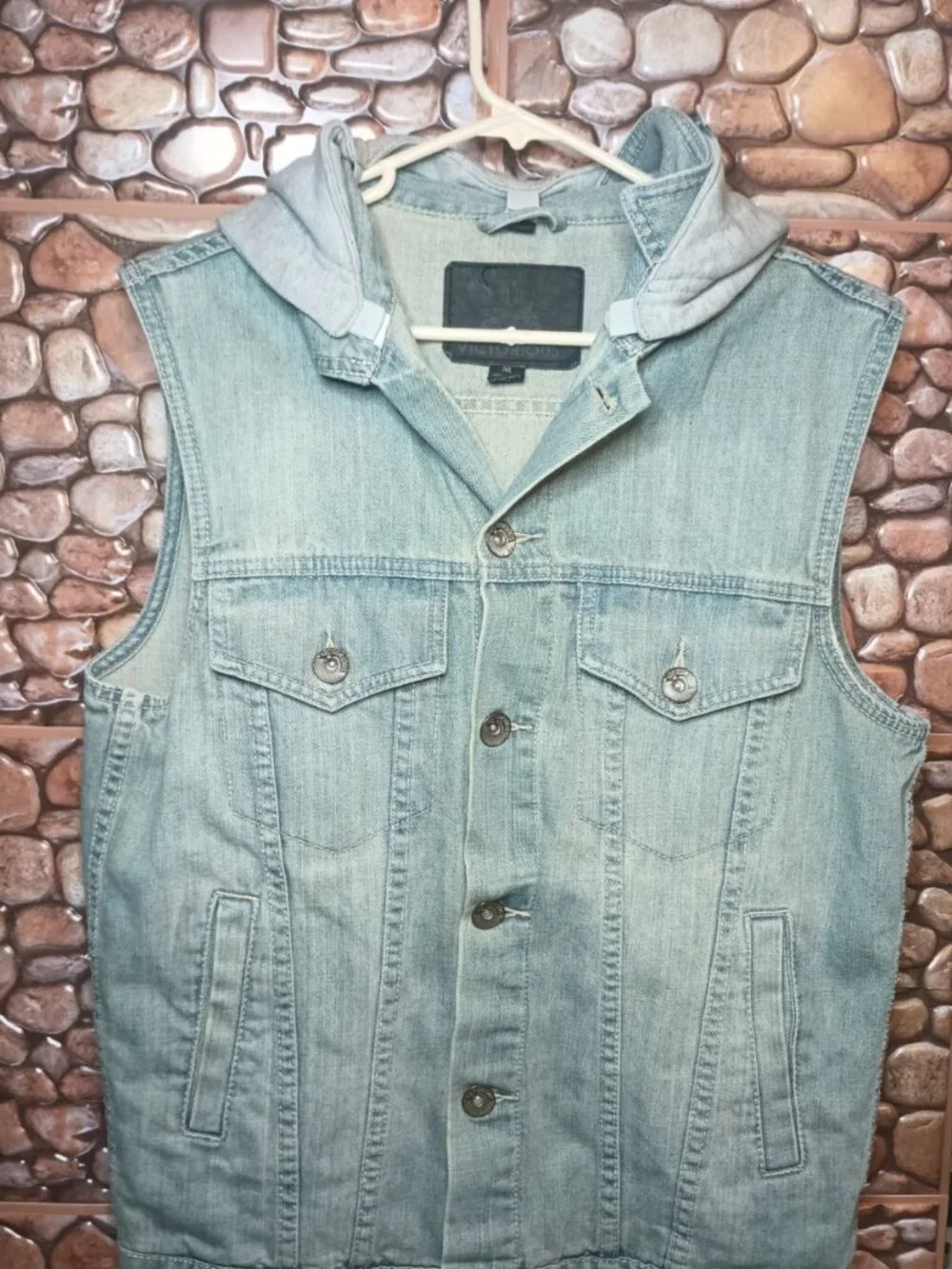 Sleeveless Denim Vest Detachable Hood Stone Wash Blue & Gray Size M Grunge - Picture 2 of 16